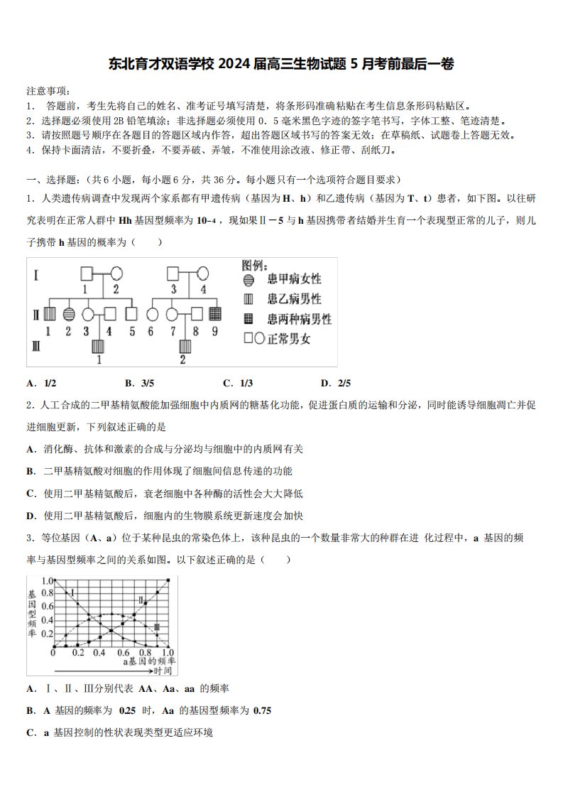 东北育才双语学校2024届高三生物试题5月考前最后一卷含解析