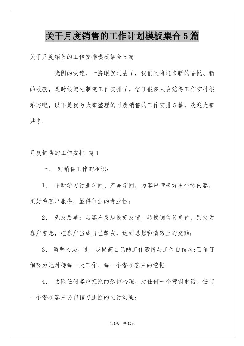 关于月度销售的工作计划模板集合5篇