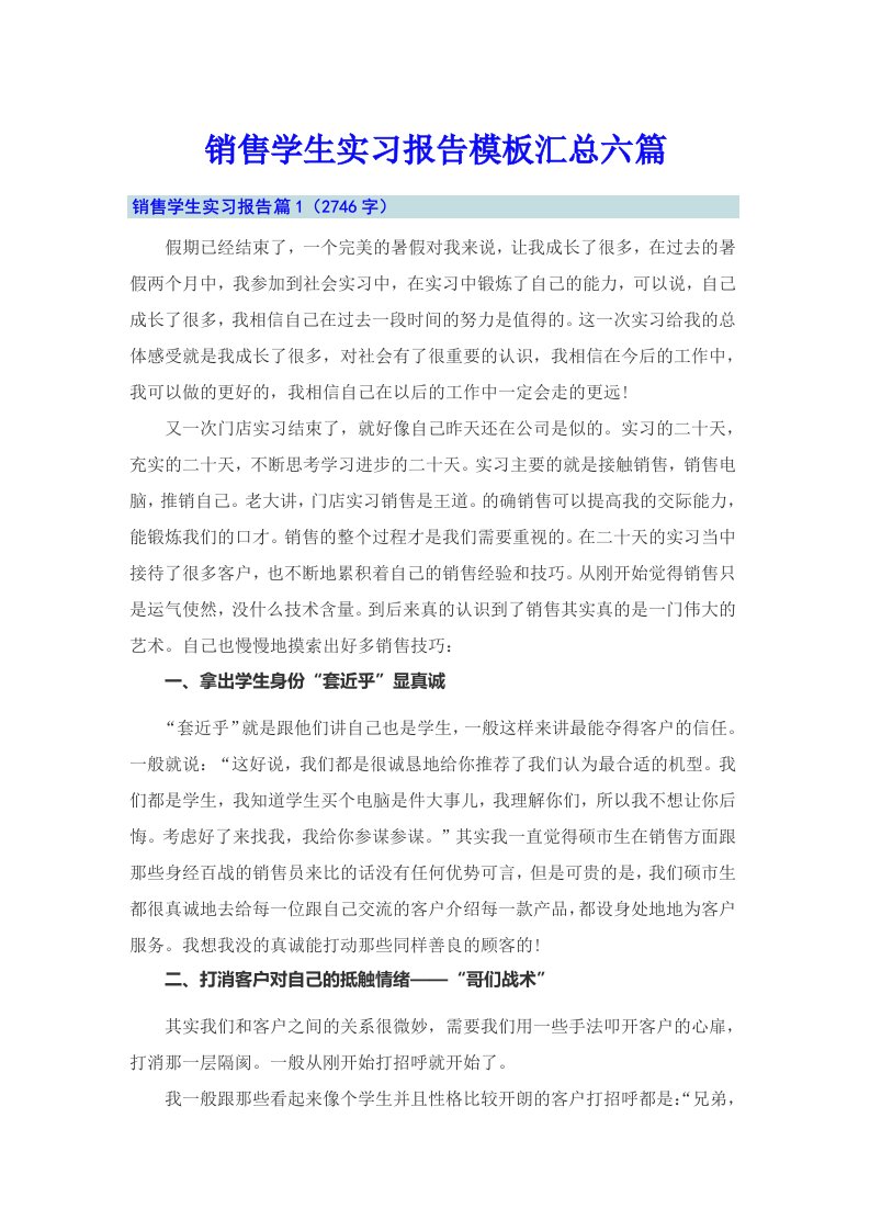 销售学生实习报告模板汇总六篇