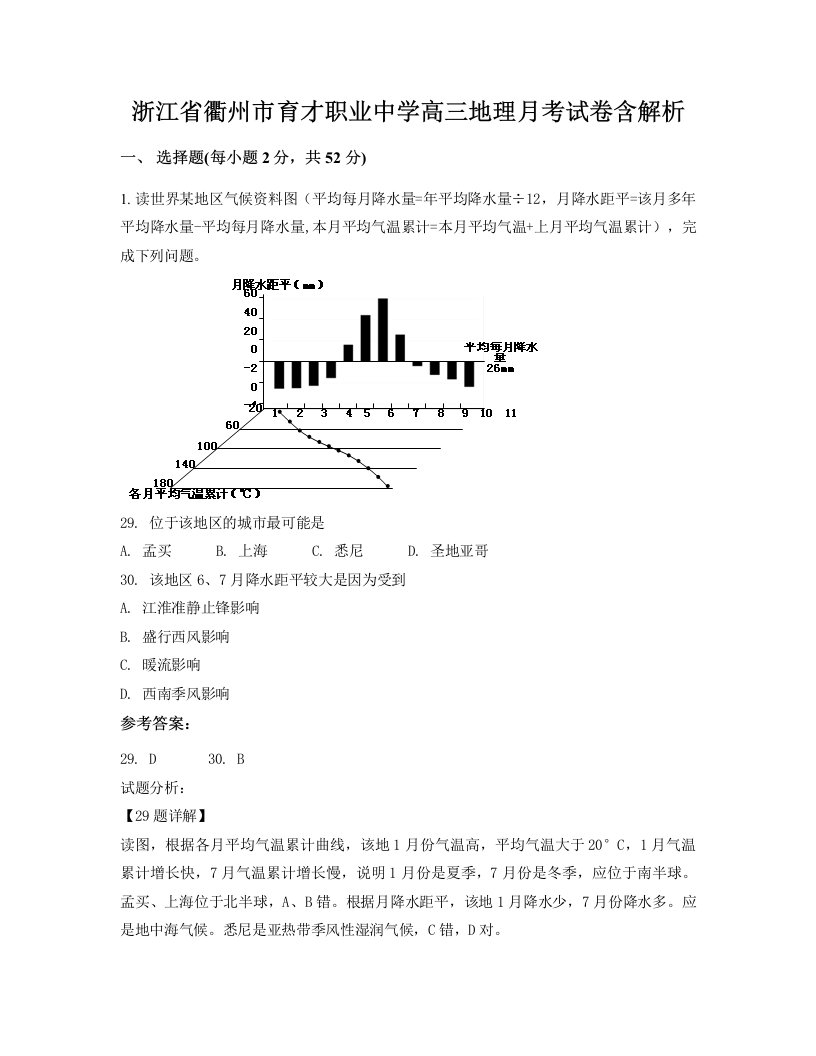 浙江省衢州市育才职业中学高三地理月考试卷含解析