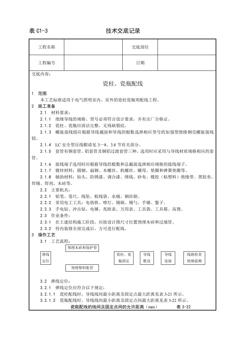 瓷柱、瓷瓶配线工艺设计方案