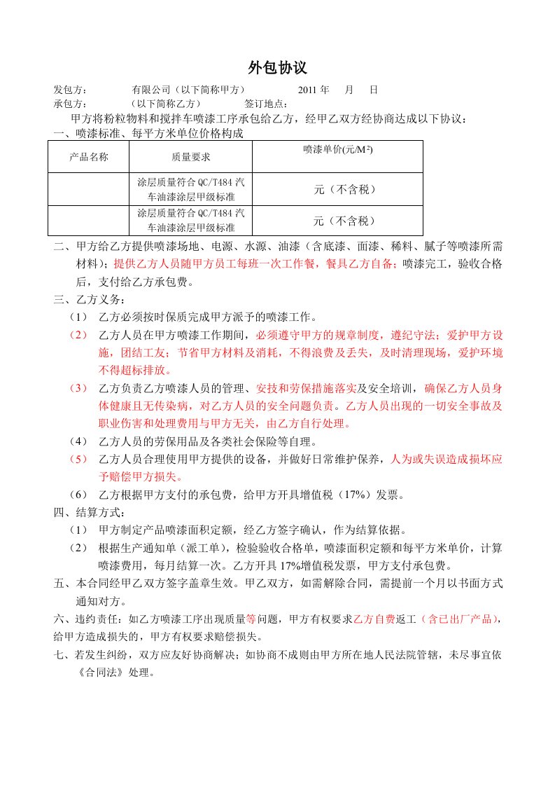 喷漆外包协议模板整理版