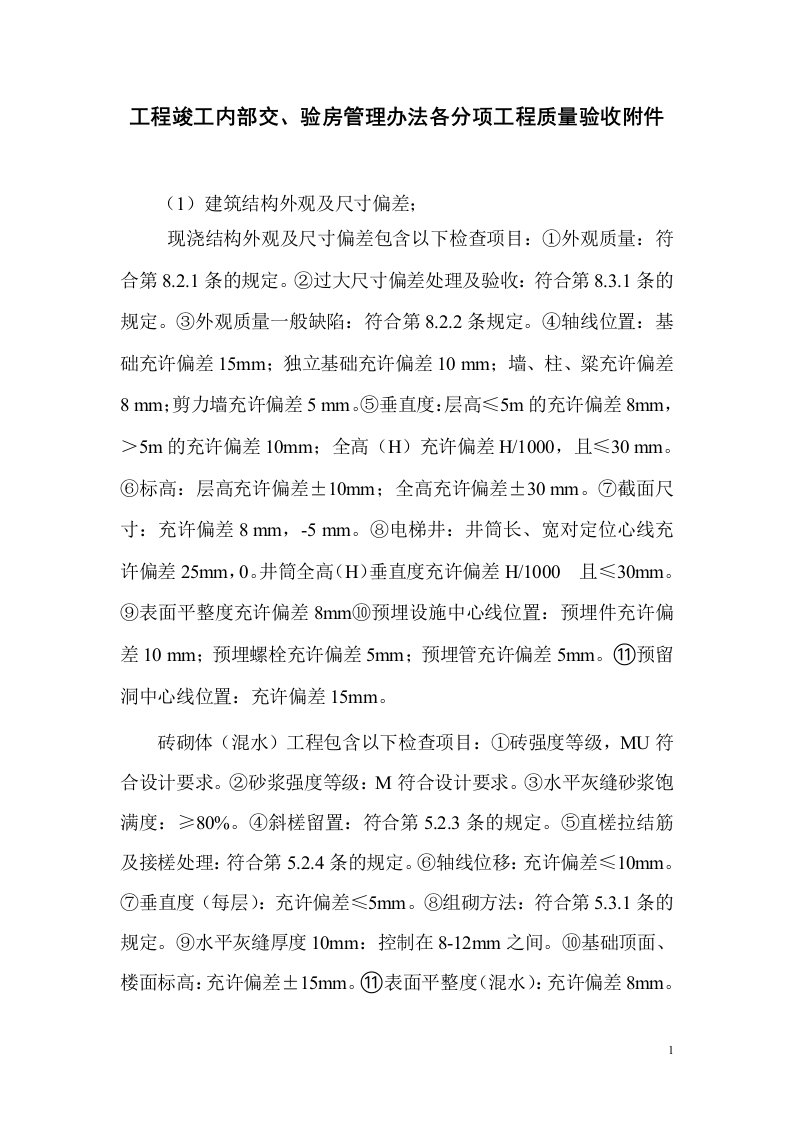 工程竣工内部交、验房管理办法各分项工程质量验收附件