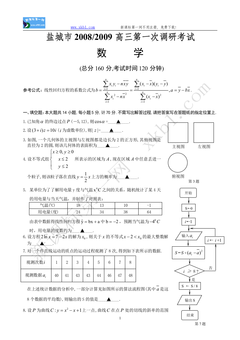 【小学中学教育精选】(成品)09届市一调数学试卷