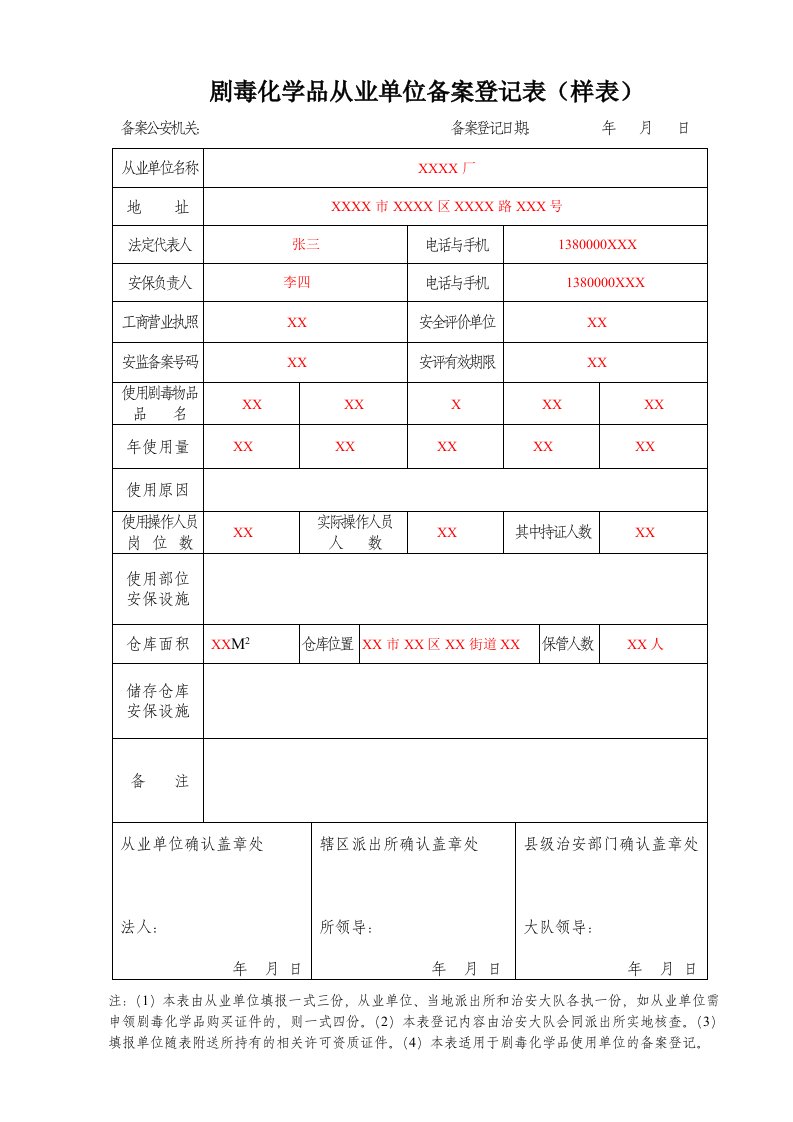 剧毒化学品从业单位备案登记表（样表）