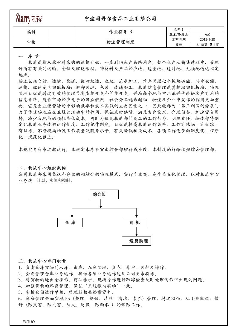 食品工业公司物流管理制度