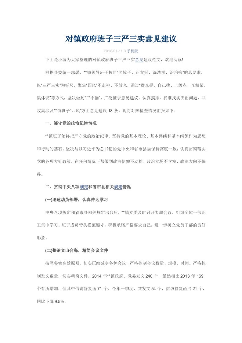 对镇政府班子三严三实意见建议