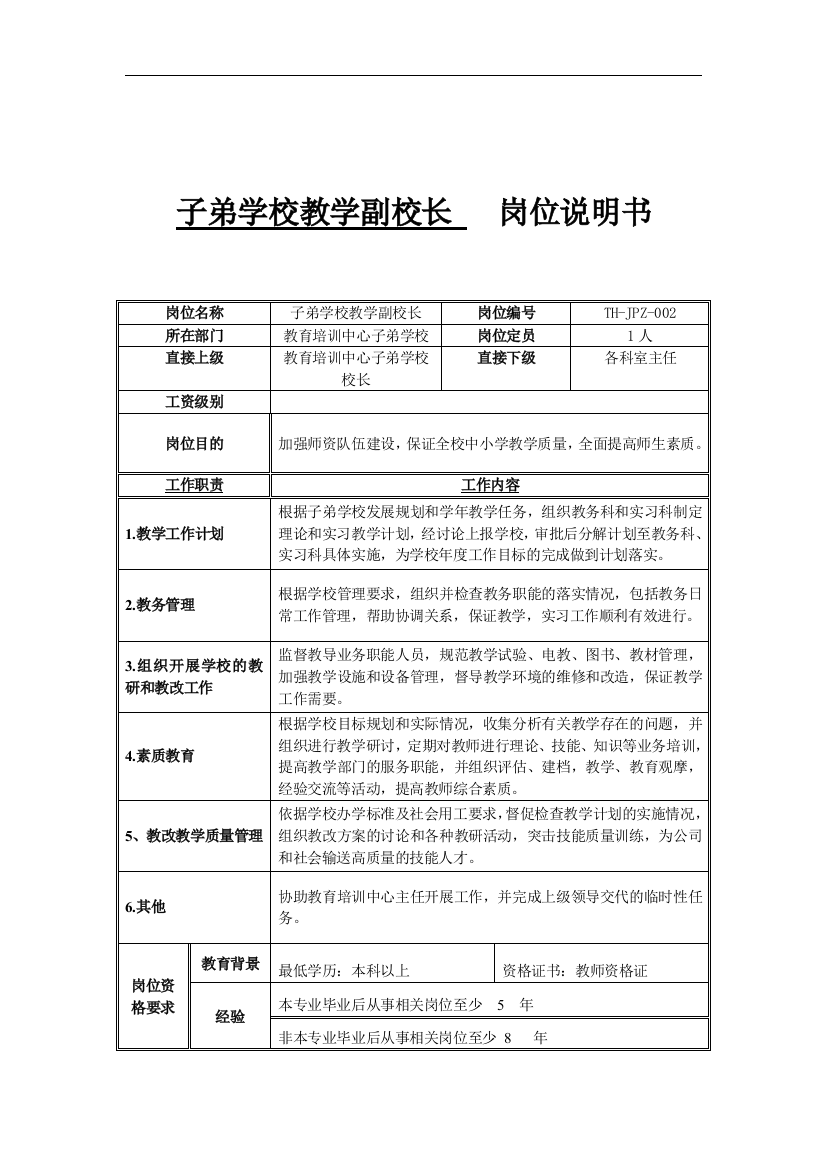 子弟学校教学副校长岗位说明书