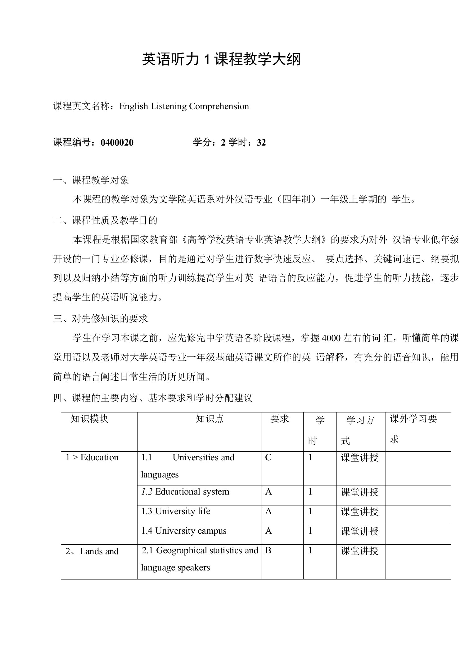 英语听力1课程教学大纲