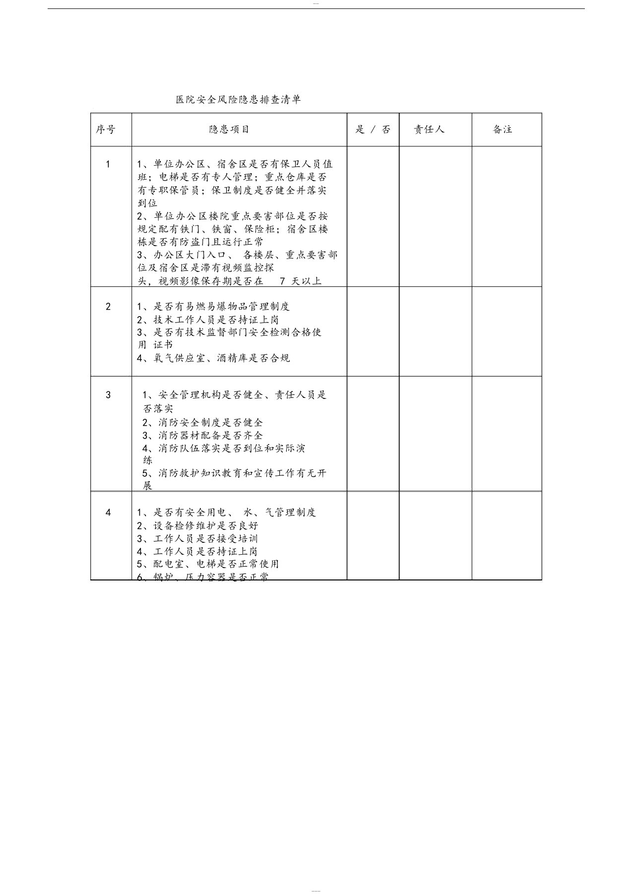 医院安全风险隐患排查清单