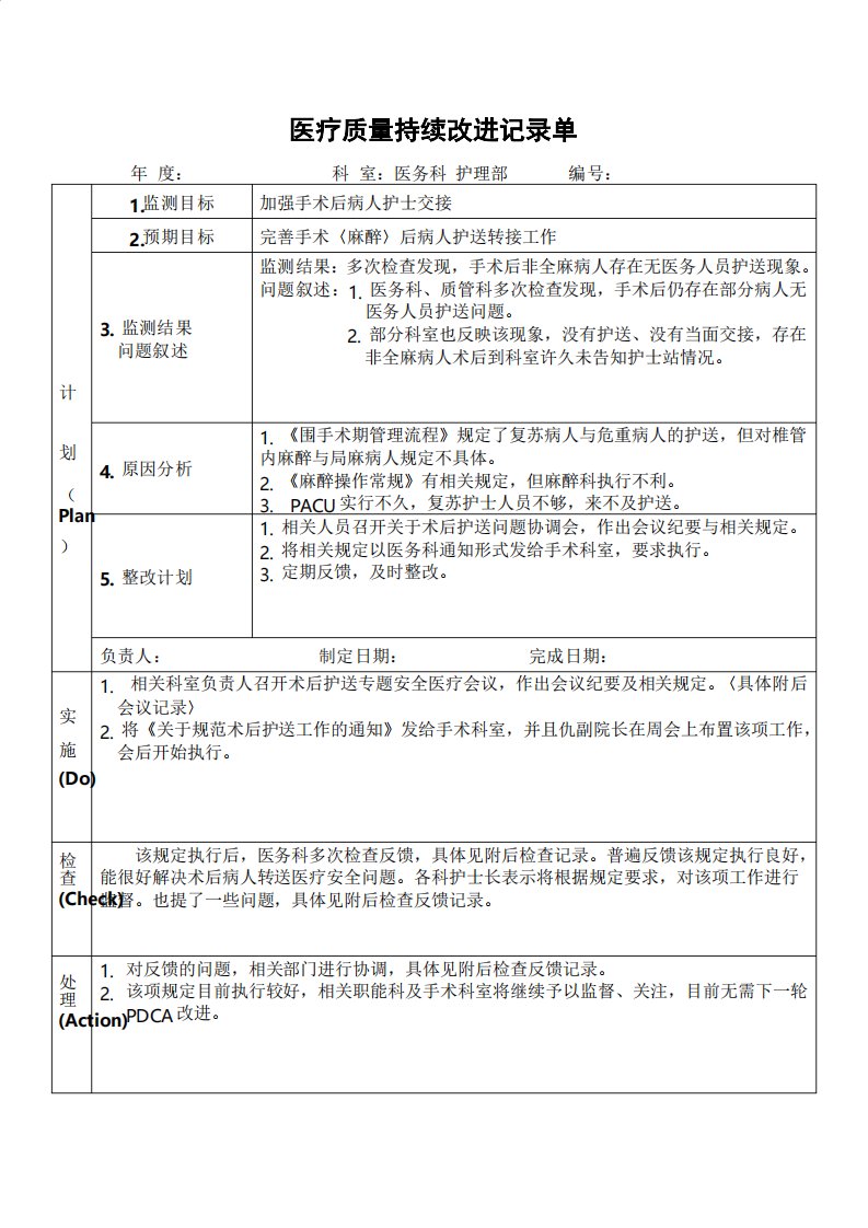 加强手术后病人护士交接PDCA持续质量改进记录表PDCA模板