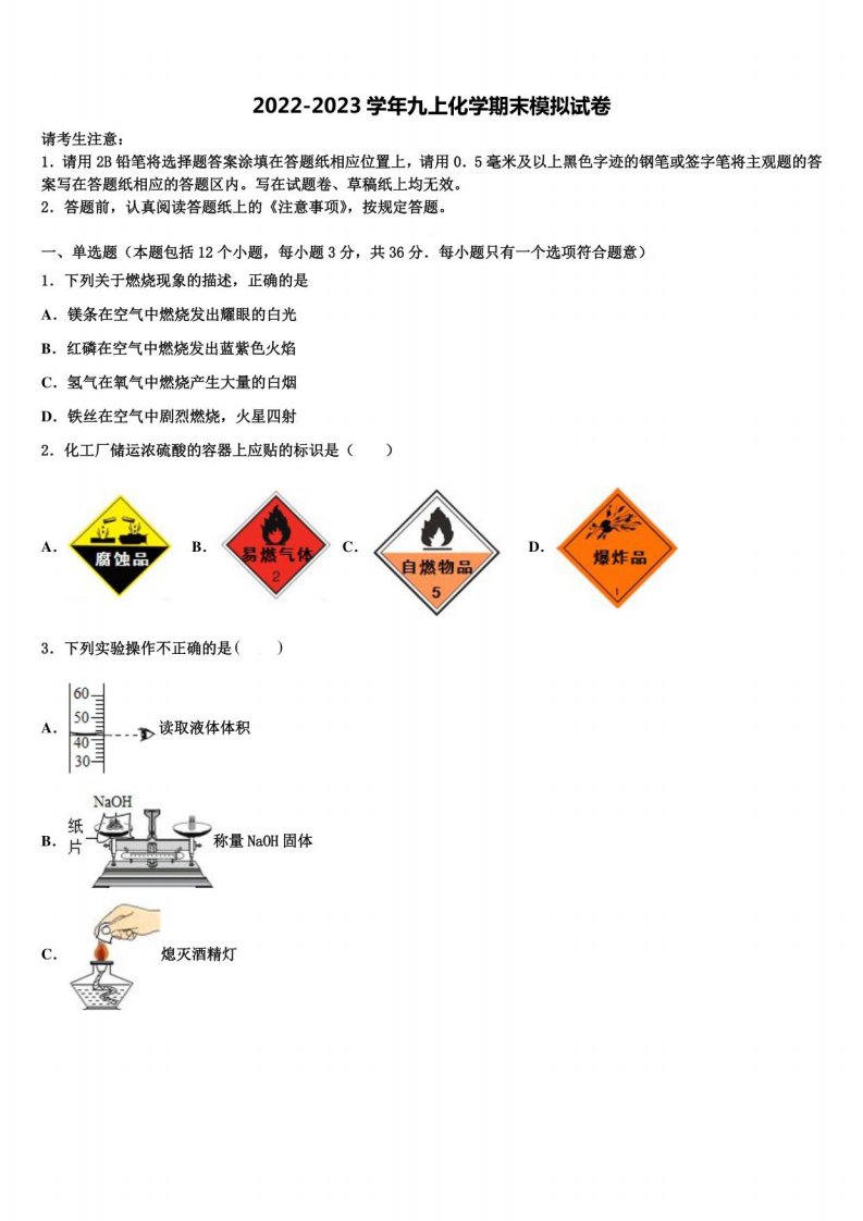 湖北省宜昌市外国语初级中学2022-2023学年化学九年级上册期末质量检测试题含解析