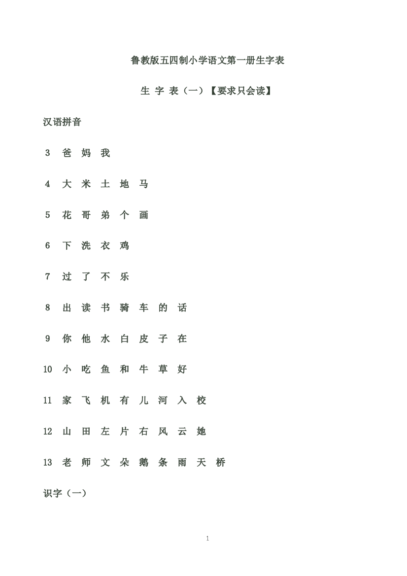 鲁教版小学语文一年级生字表