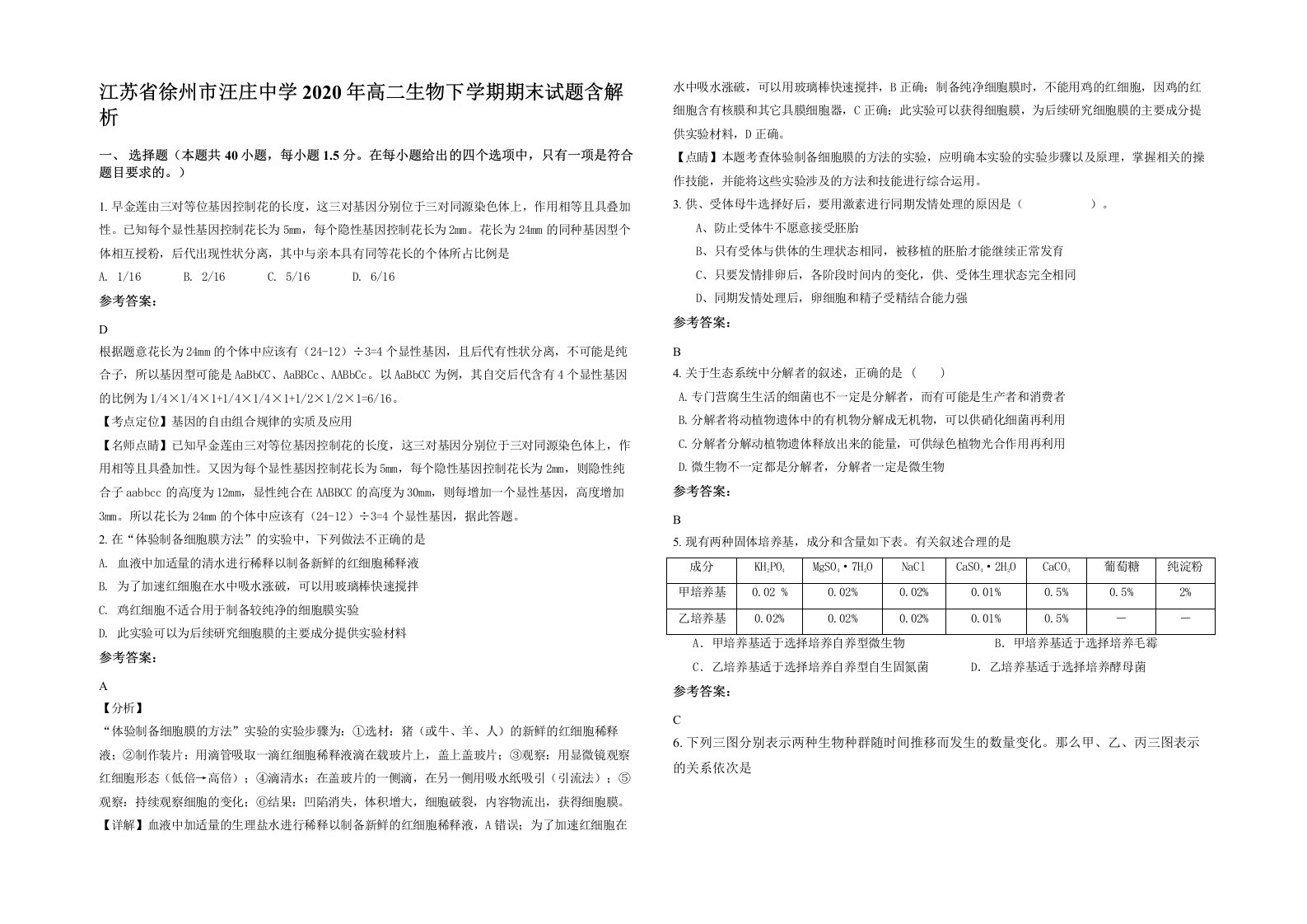 江苏省徐州市汪庄中学2020年高二生物下学期期末试题含解析