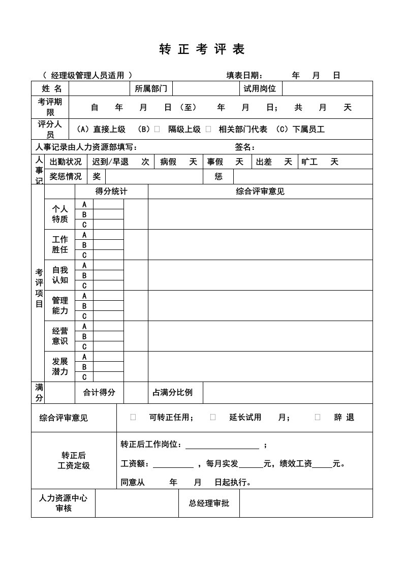 精选某公司试用期转正考核表