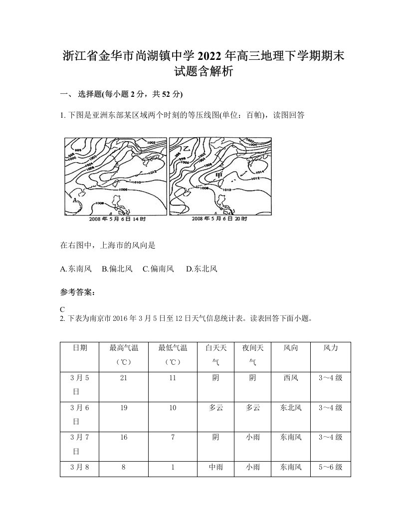 浙江省金华市尚湖镇中学2022年高三地理下学期期末试题含解析