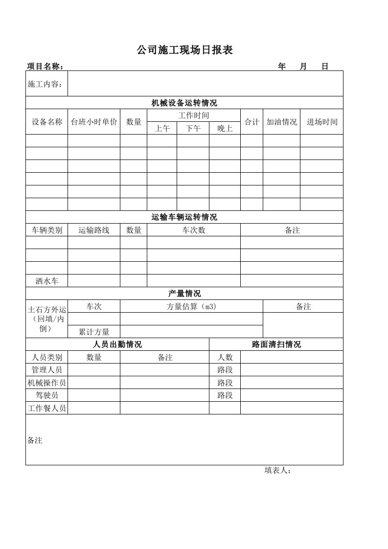 土方公司施工日报表