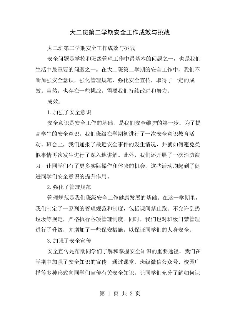 大二班第二学期安全工作成效与挑战