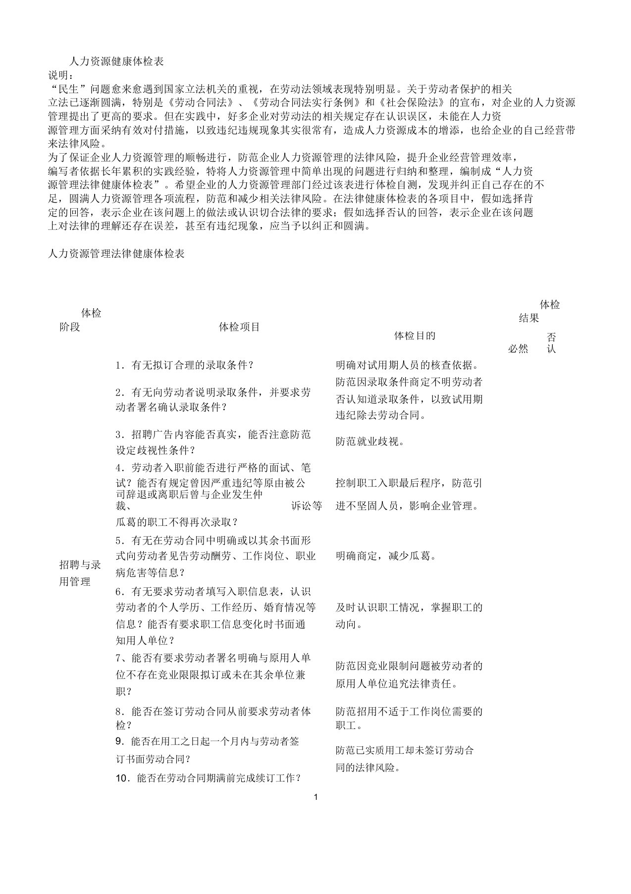 人力资源管理学习法律健康体检表格范例