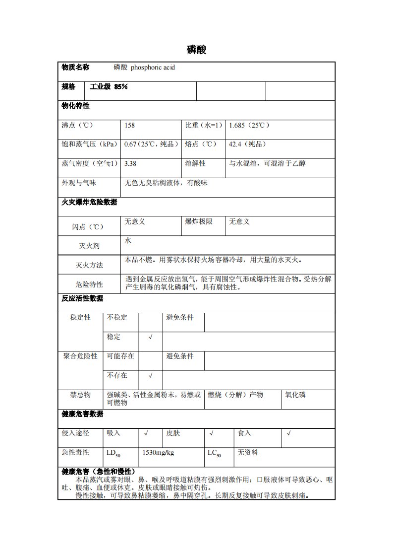 2危险化学品磷酸的理化性质及危险特性表MSDS