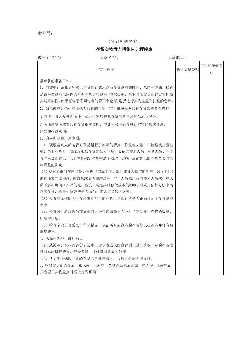 流动资产W-13存货实物盘点明细审计程序表