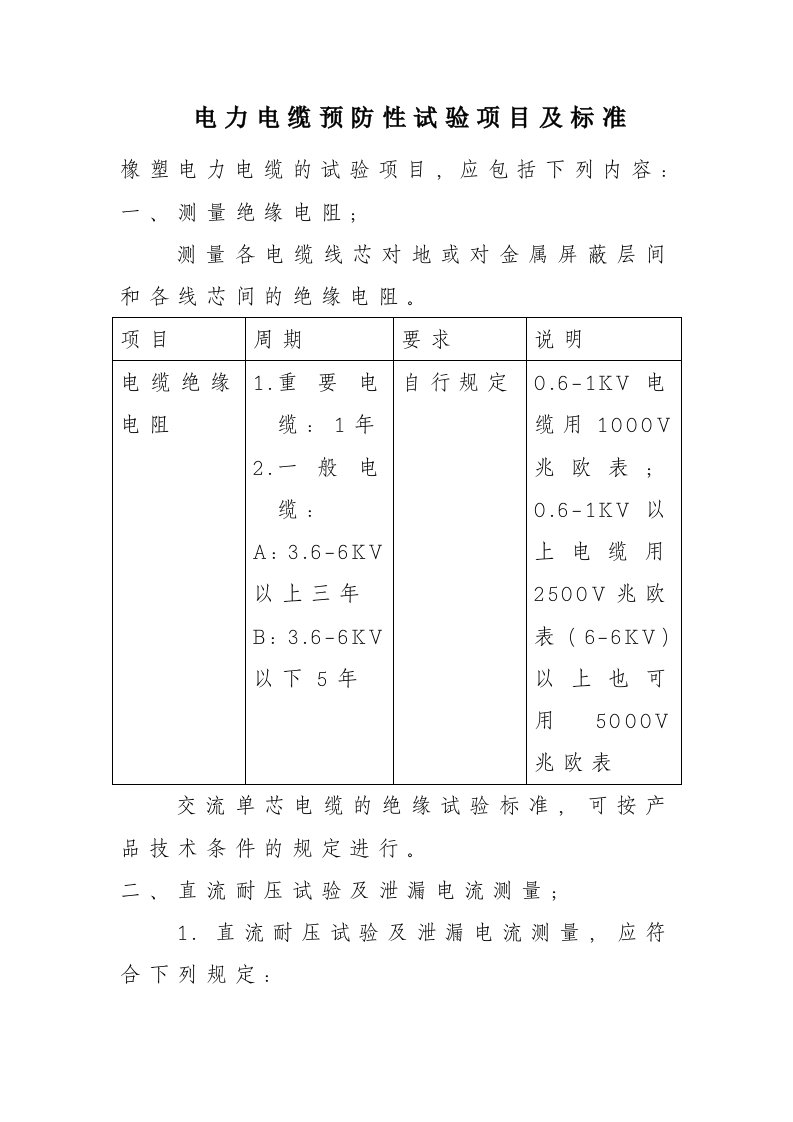 电力电缆预防性试验项目及标准