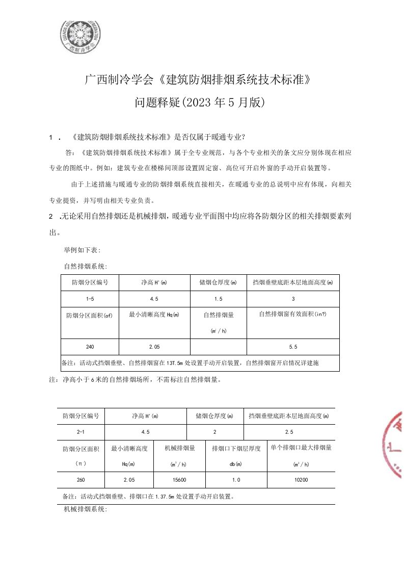 建筑防烟排烟系统技术标准问题释疑