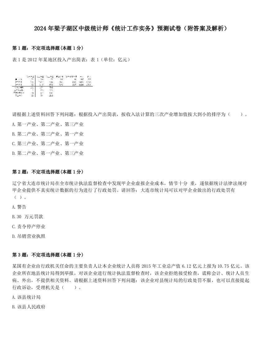 2024年梁子湖区中级统计师《统计工作实务》预测试卷（附答案及解析）