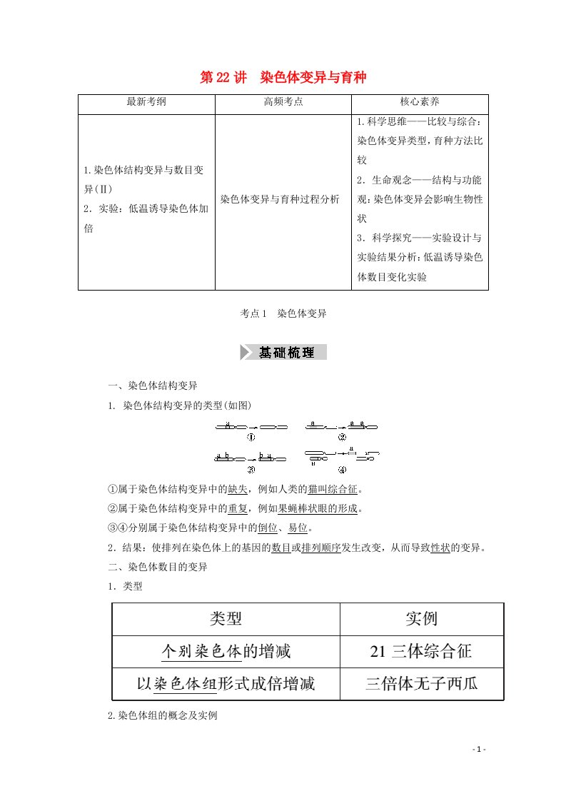 2021高考生物一轮复习第七单元生物的变异育种和进化第22讲染色体变异与育种学案新人教版