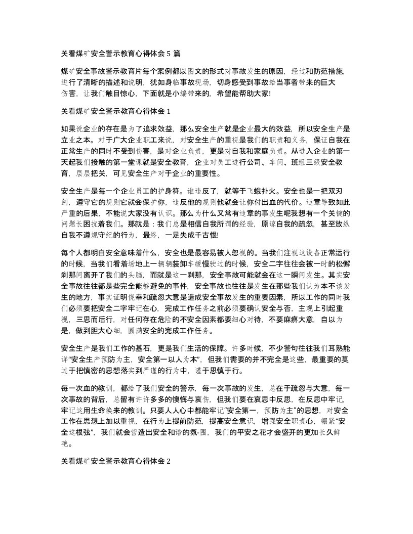 关看煤矿安全警示教育心得体会5篇