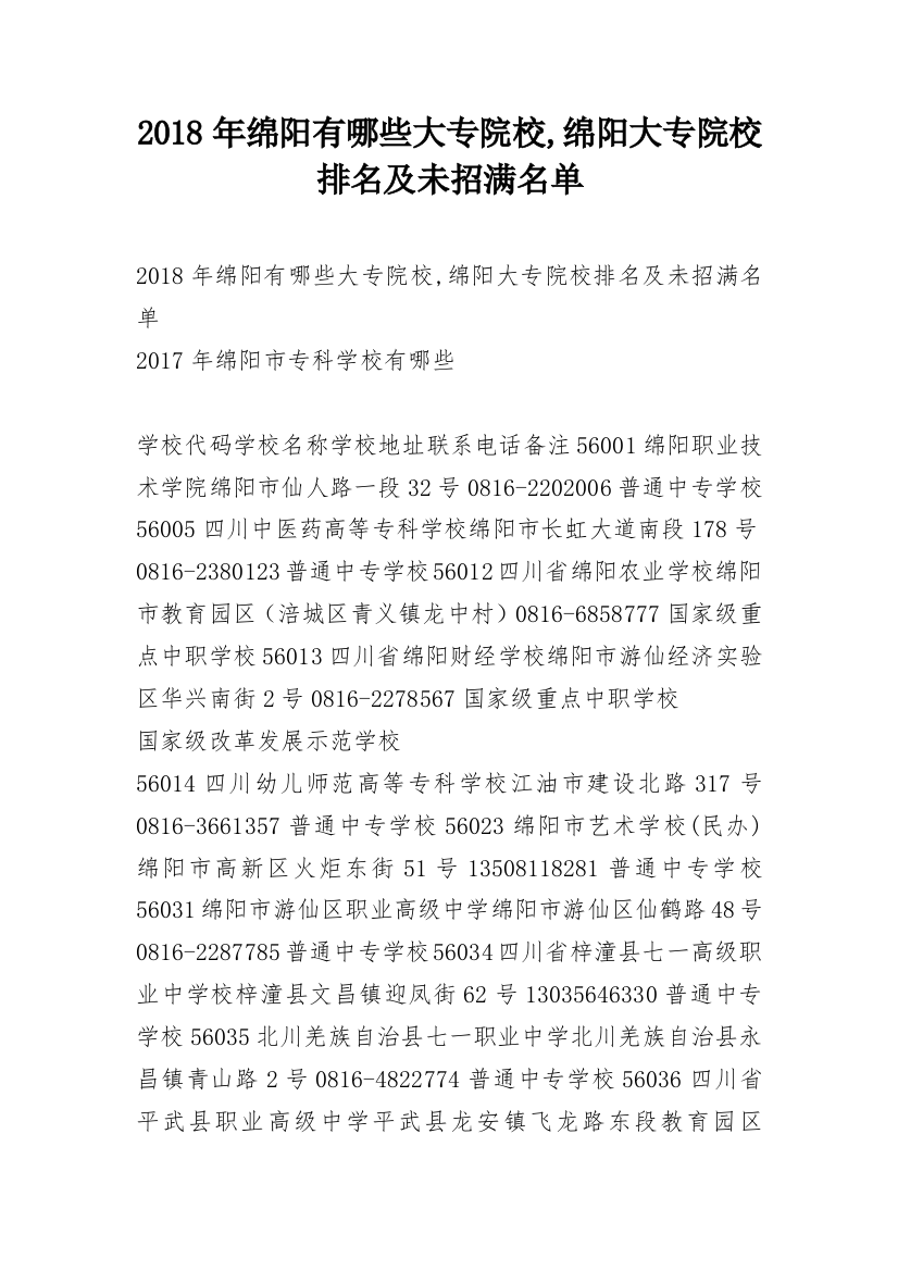 2018年绵阳有哪些大专院校,绵阳大专院校排名及未招满名单