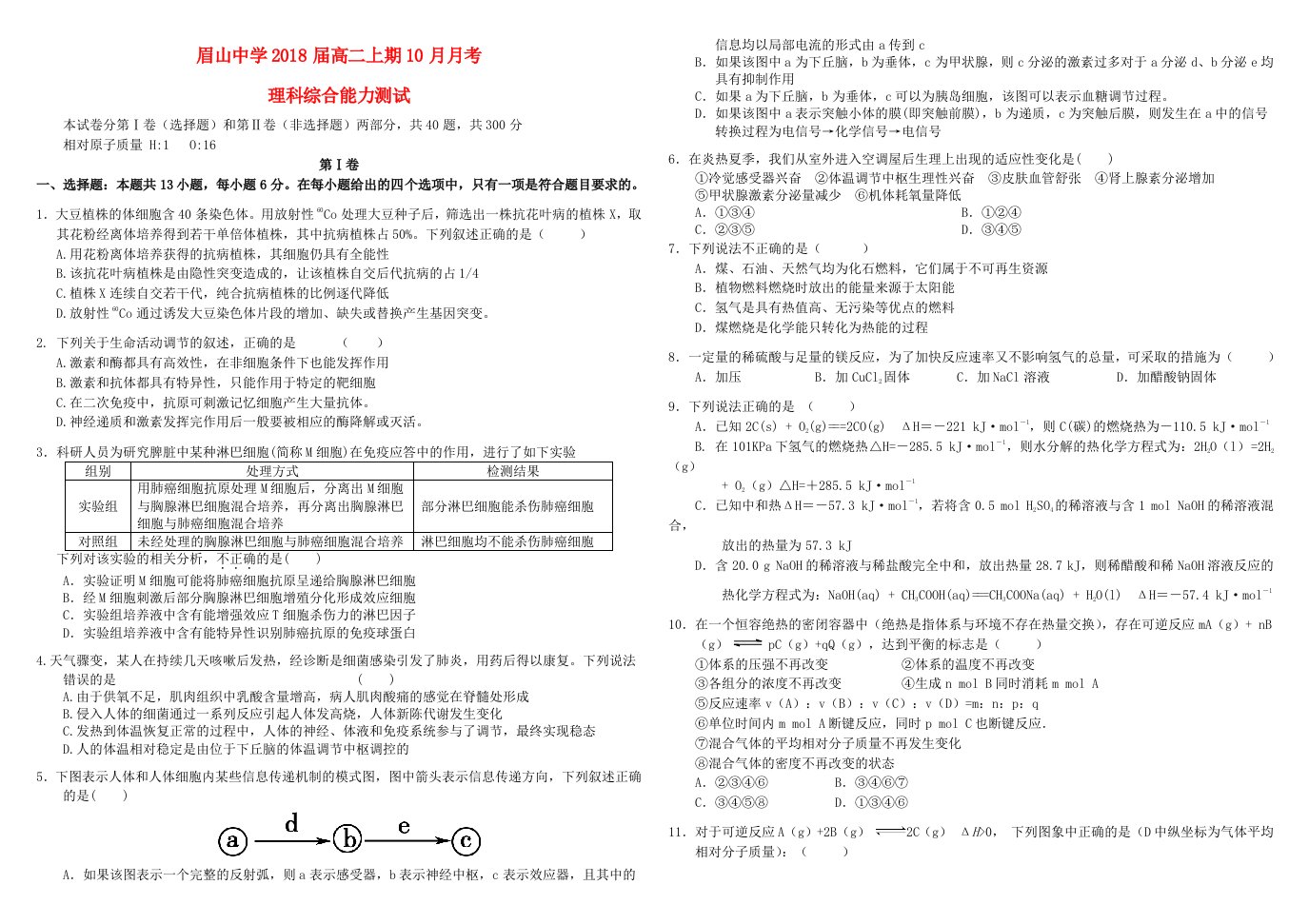 高二理综10月月考试题（答案不全）