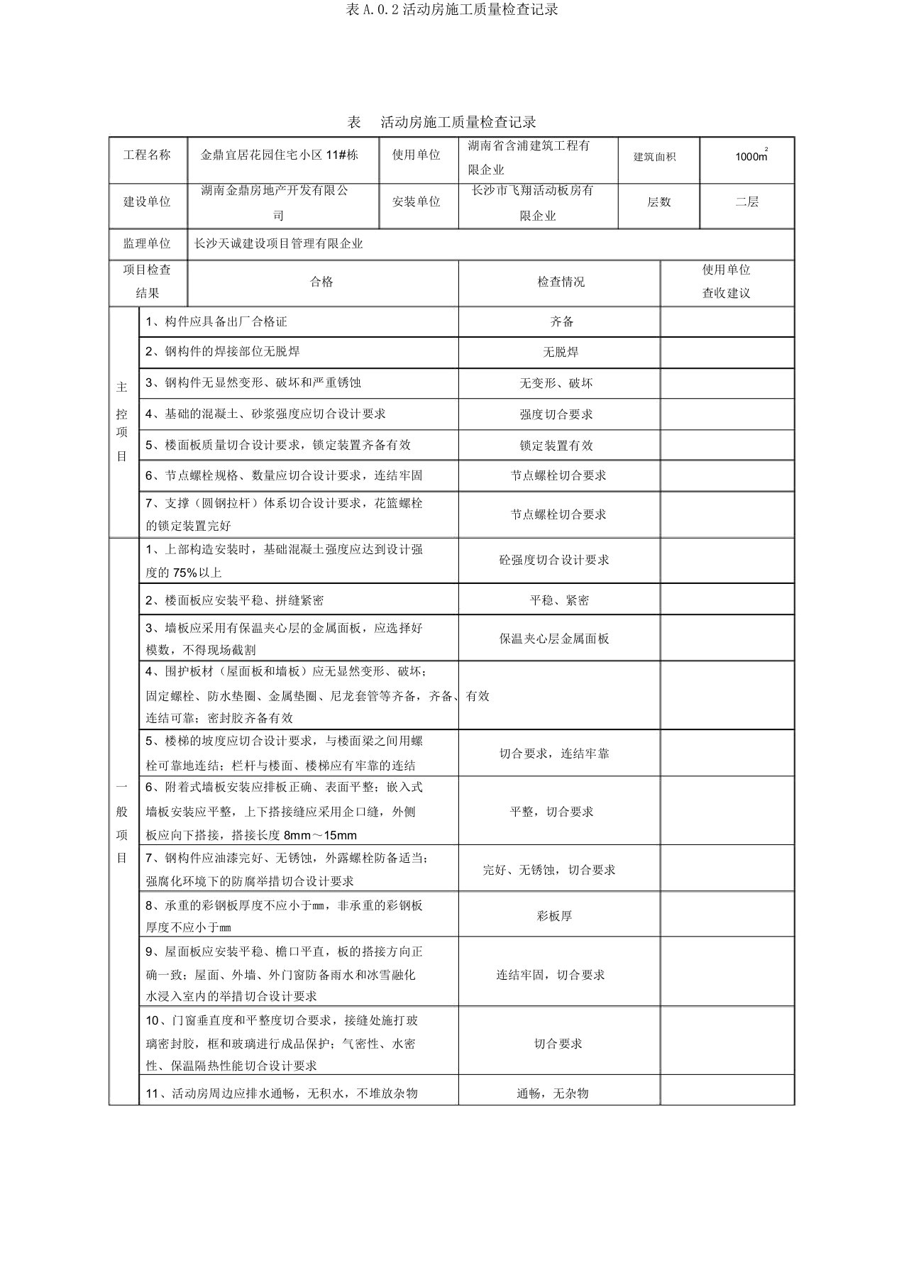 表A02活动房施工质量检查记录