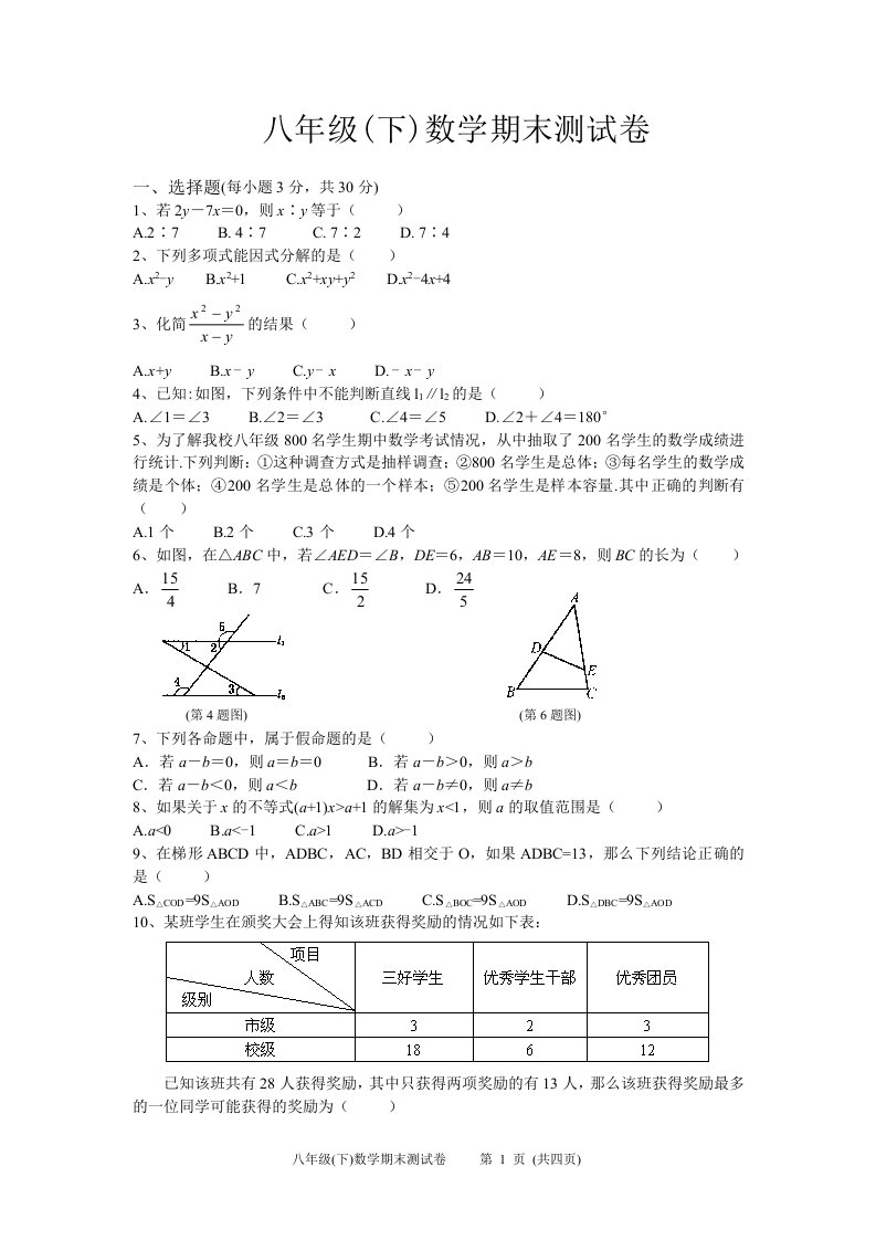 八年级(下)数学期末测试卷（二）