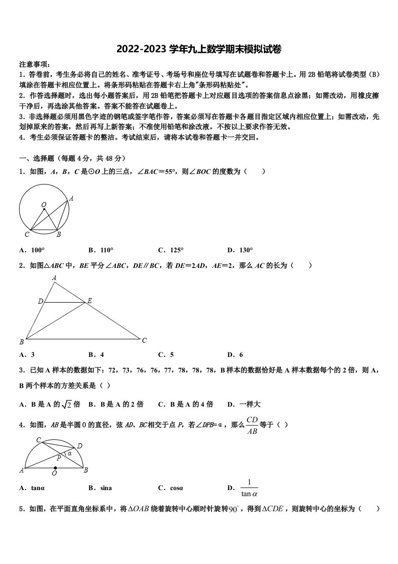 2022年海南省儋州市洋浦中学九年级数学第一学期期末复习检测试题含解析