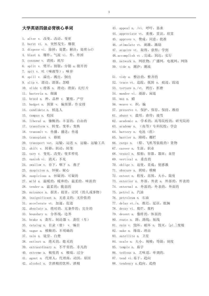 大学英语四级最新必背核心单词