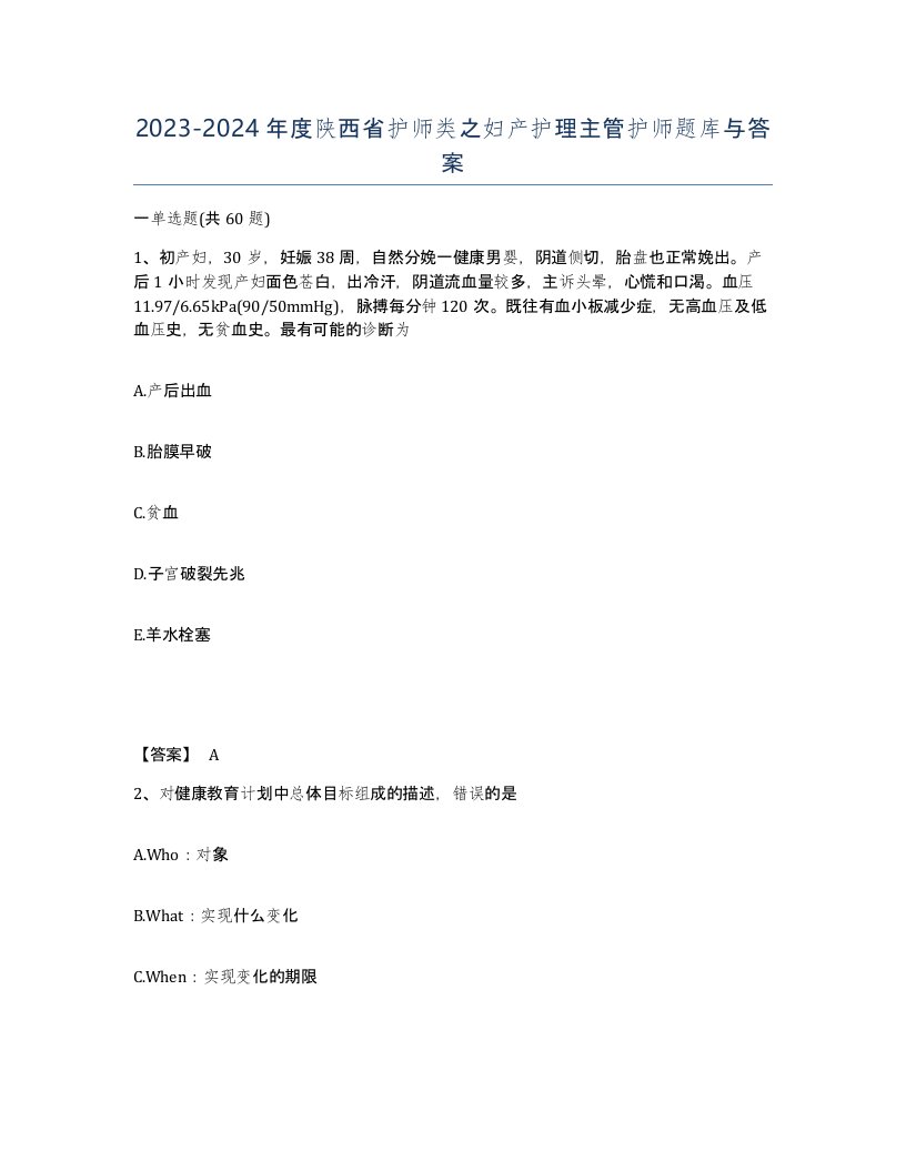 2023-2024年度陕西省护师类之妇产护理主管护师题库与答案