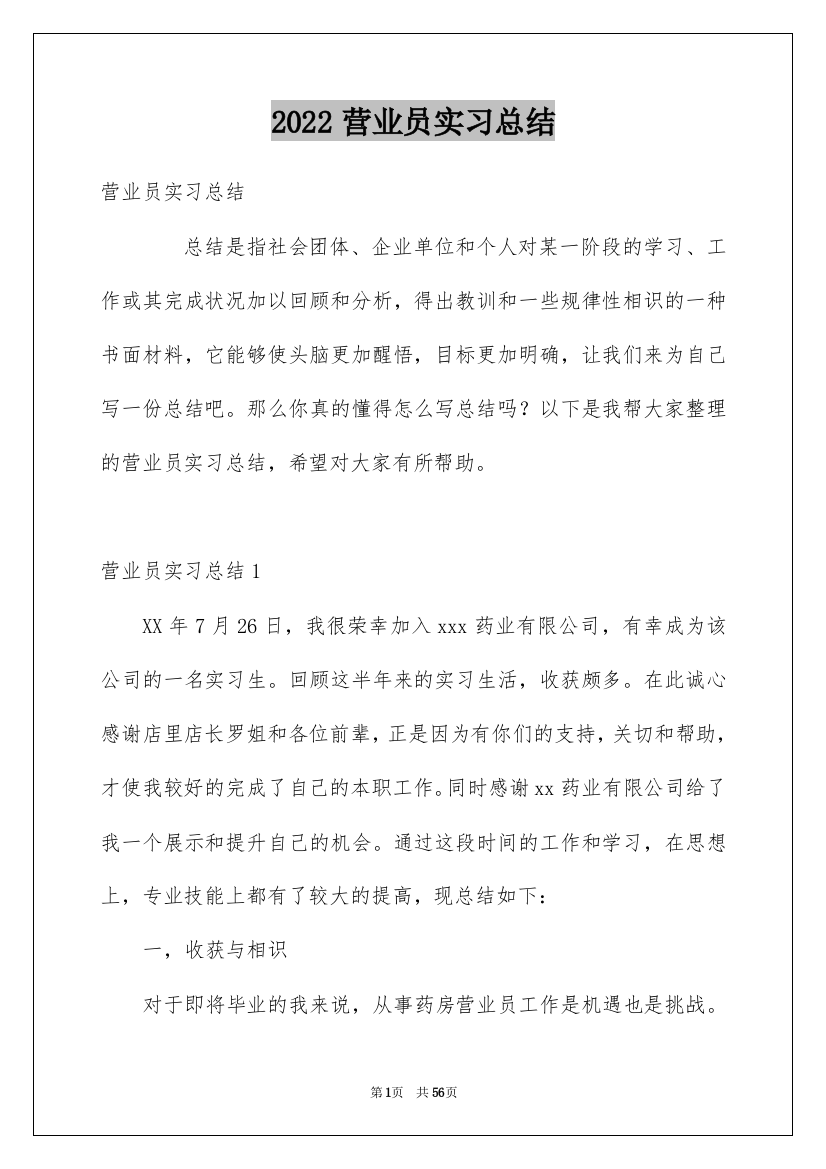 2022营业员实习总结