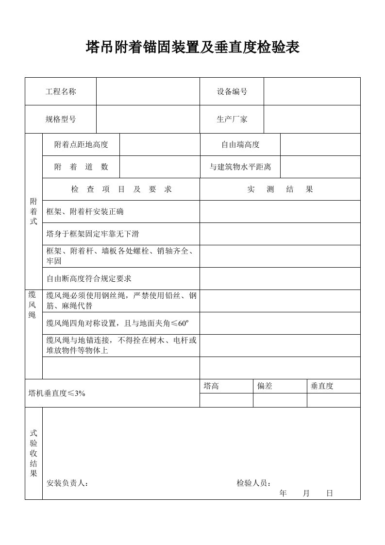 塔吊附着锚固装置及垂直度检验表