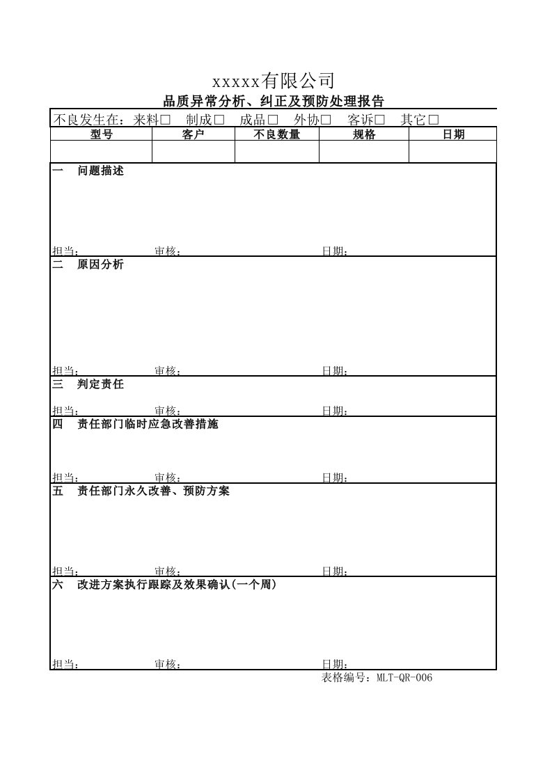 品质异常分析纠正及预防处理报告