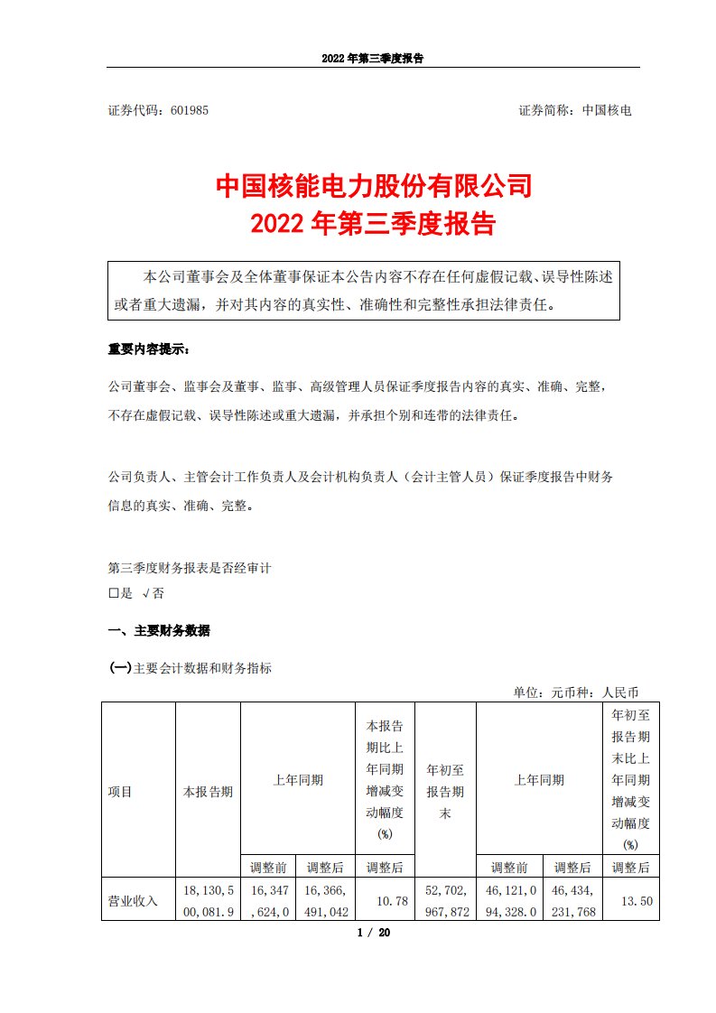 上交所-中国核能电力股份有限公司2022年第三季度报告-20221027