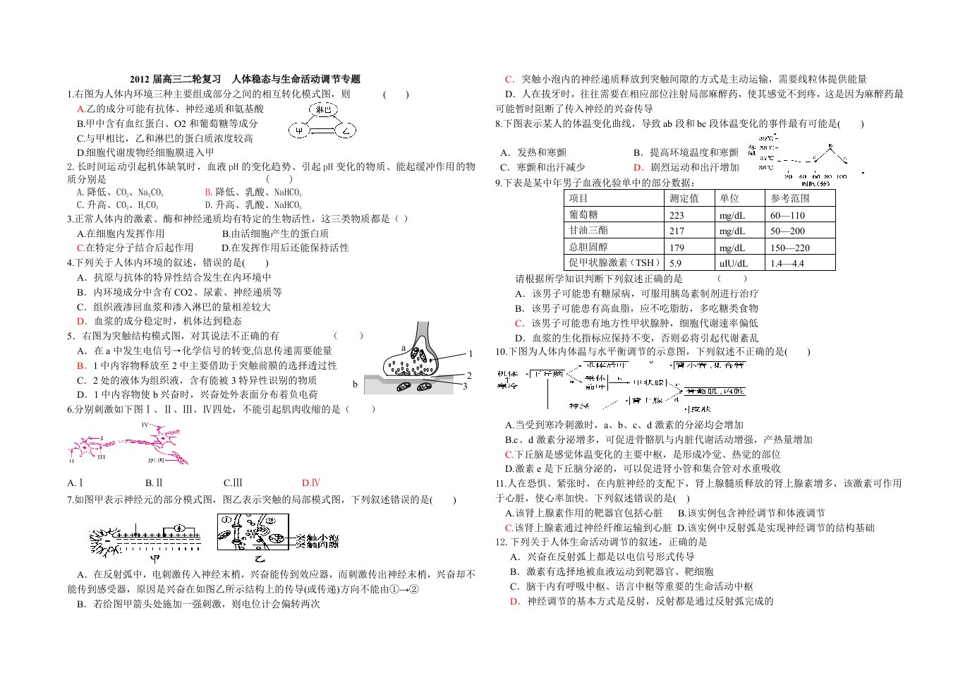 高三生物人体稳态与生命活动调节专题