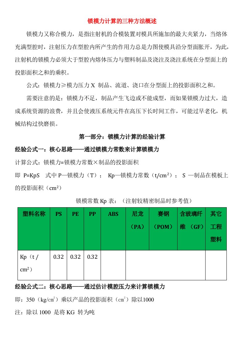 注塑机锁模力计算的三种方法概述