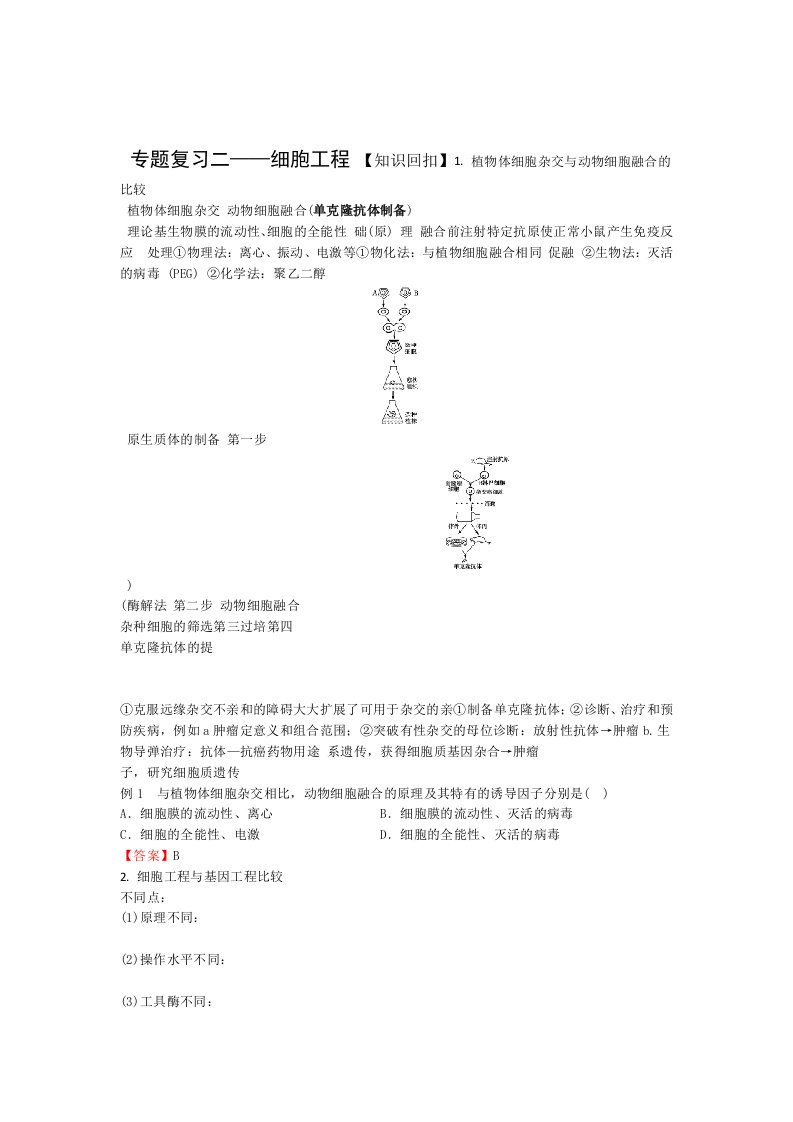 人教版高中生物高二选修三学案专题复习二细胞工程