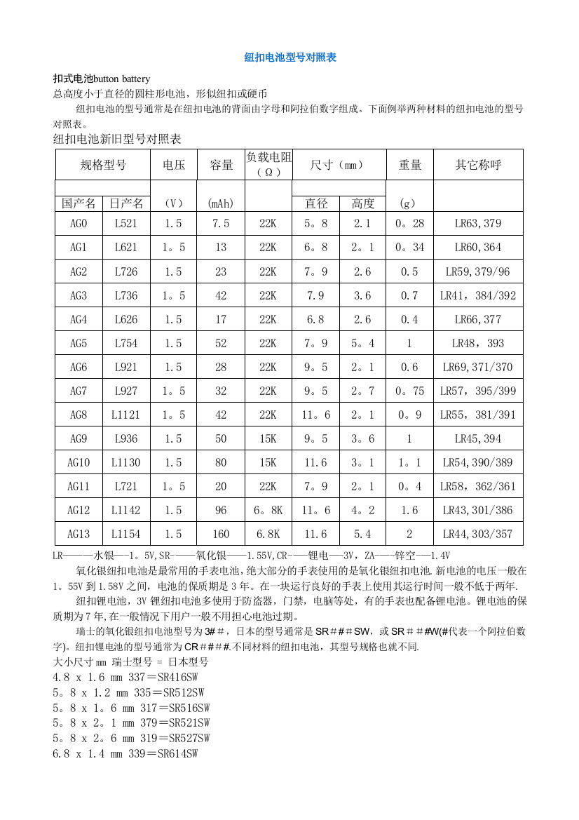 纽扣电池型号对照表