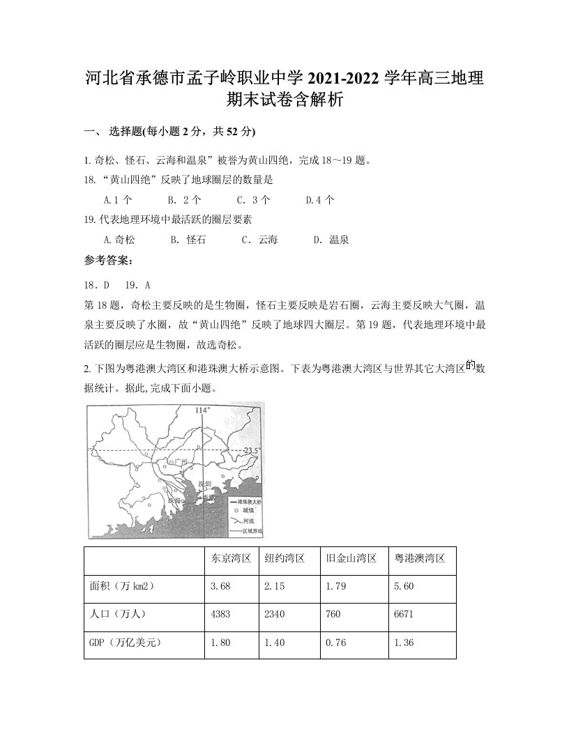 河北省承德市孟子岭职业中学2021-2022学年高三地理期末试卷含解析