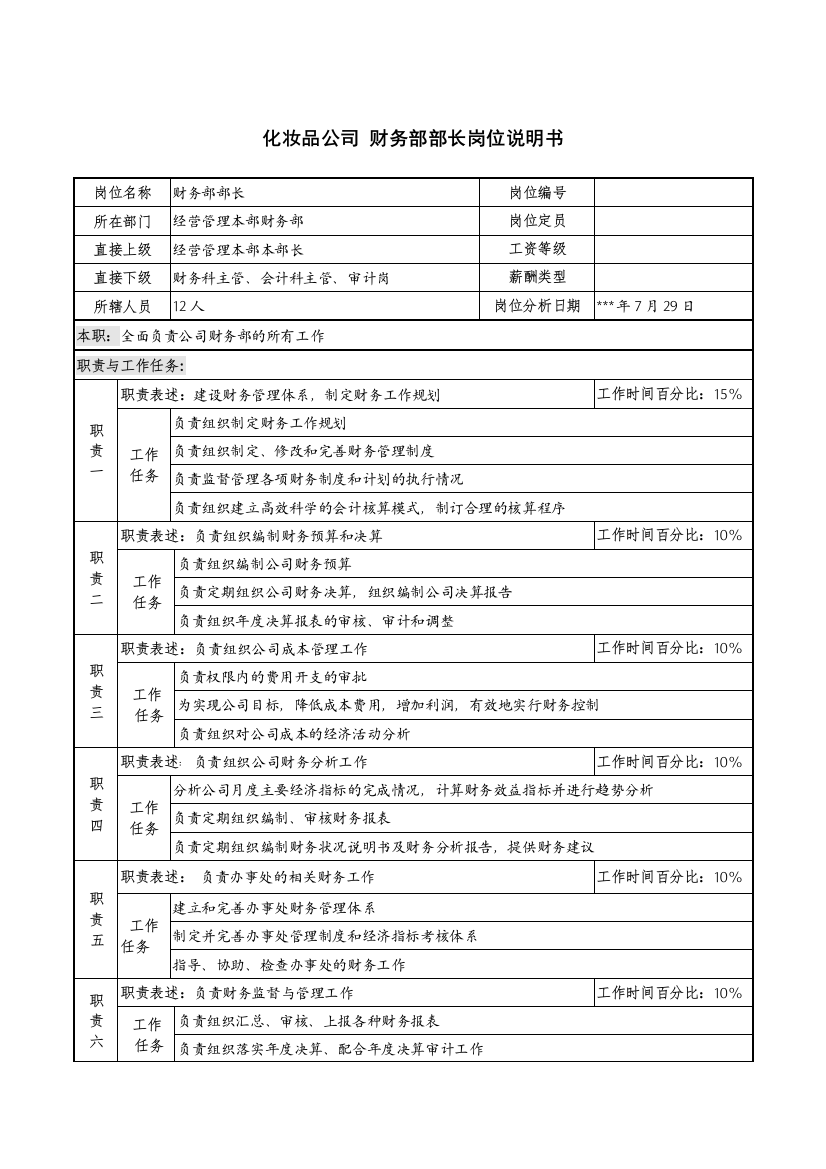 化妆品公司财务部部长岗位说明书.