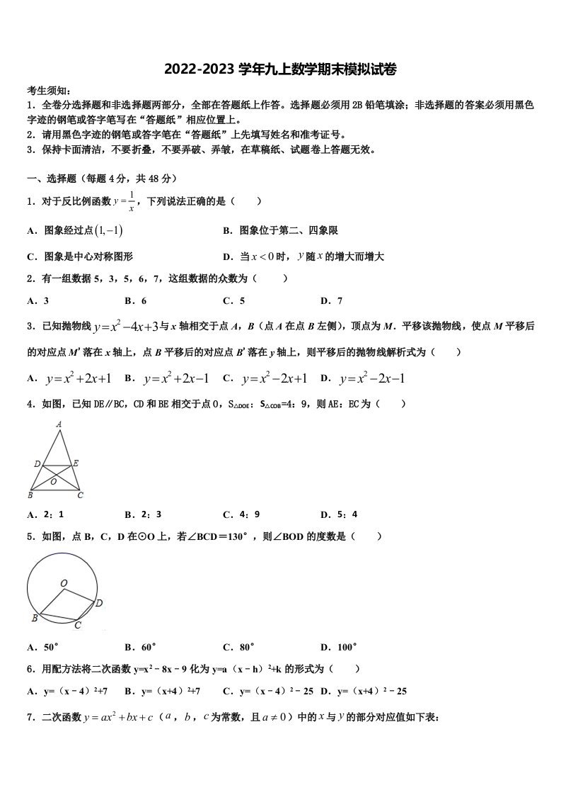 2022年江西省鹰潭市名校九年级数学第一学期期末复习检测模拟试题含解析