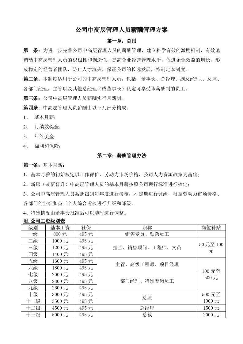 精品文档-公司中高层管理人员薪酬管理方案