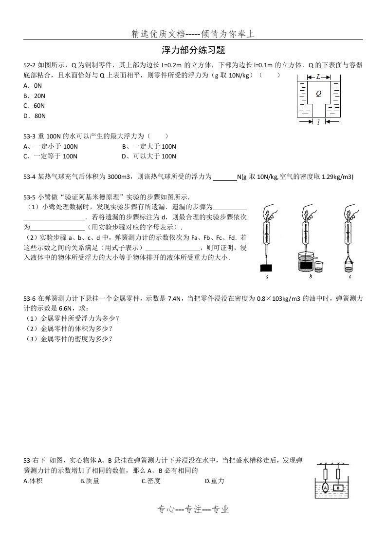 人教版八年级初二物理浮力经典习题含答案(共3页)